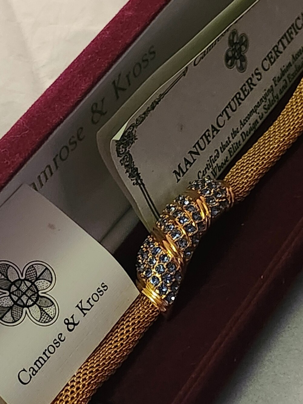 Camrose & Kross JBK Jackie Kennedy Blue Rhinestone Gold Mesh Bracelet COA Box